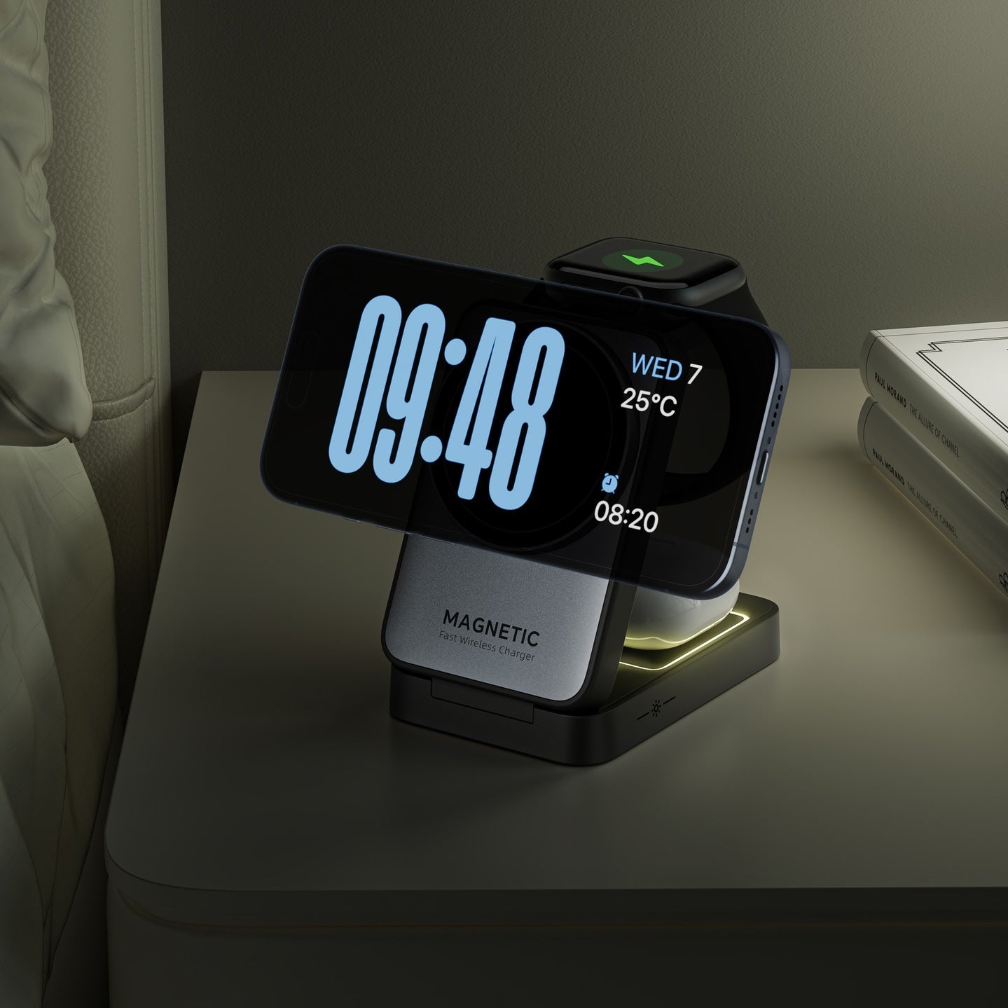 Magnetic three-in-one wireless charger folding desktop phone stand suitable for Apple charging dock